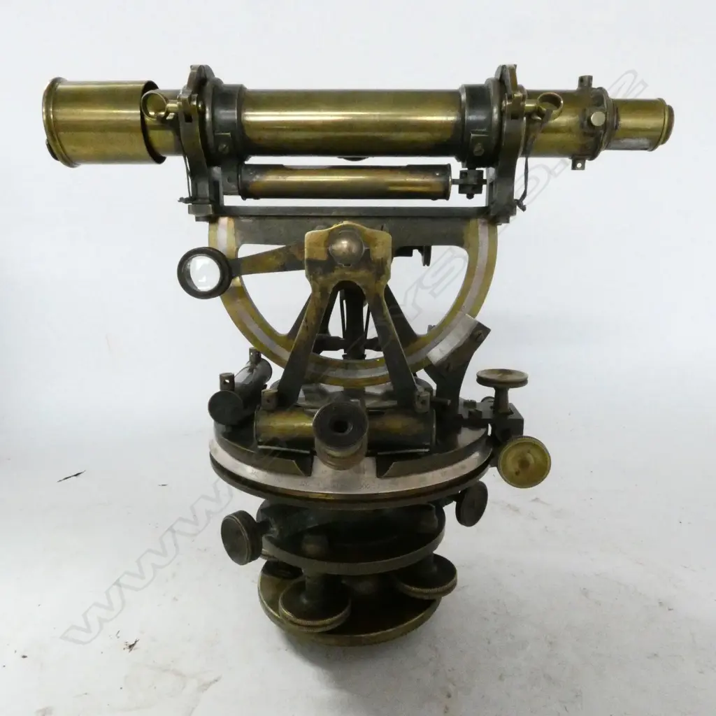 TROUGHTON & SIMMS BRASS THEODOLITE, w 10½" TELESCOPE, IN MAHOG BOX, w LEATHER TRAVEL CASE Image 1++